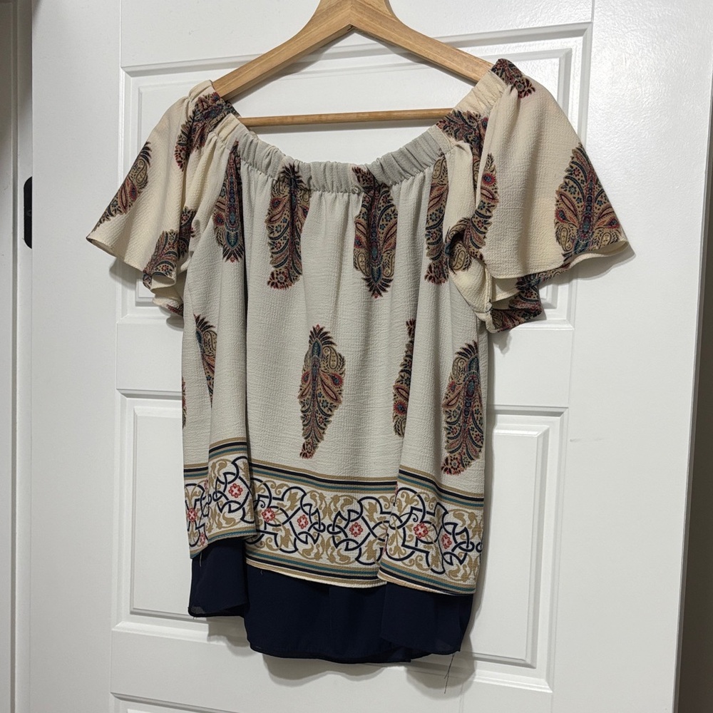 TRUE LIGHT Paisley Off-Shoulder Blouse - Cream and Navy